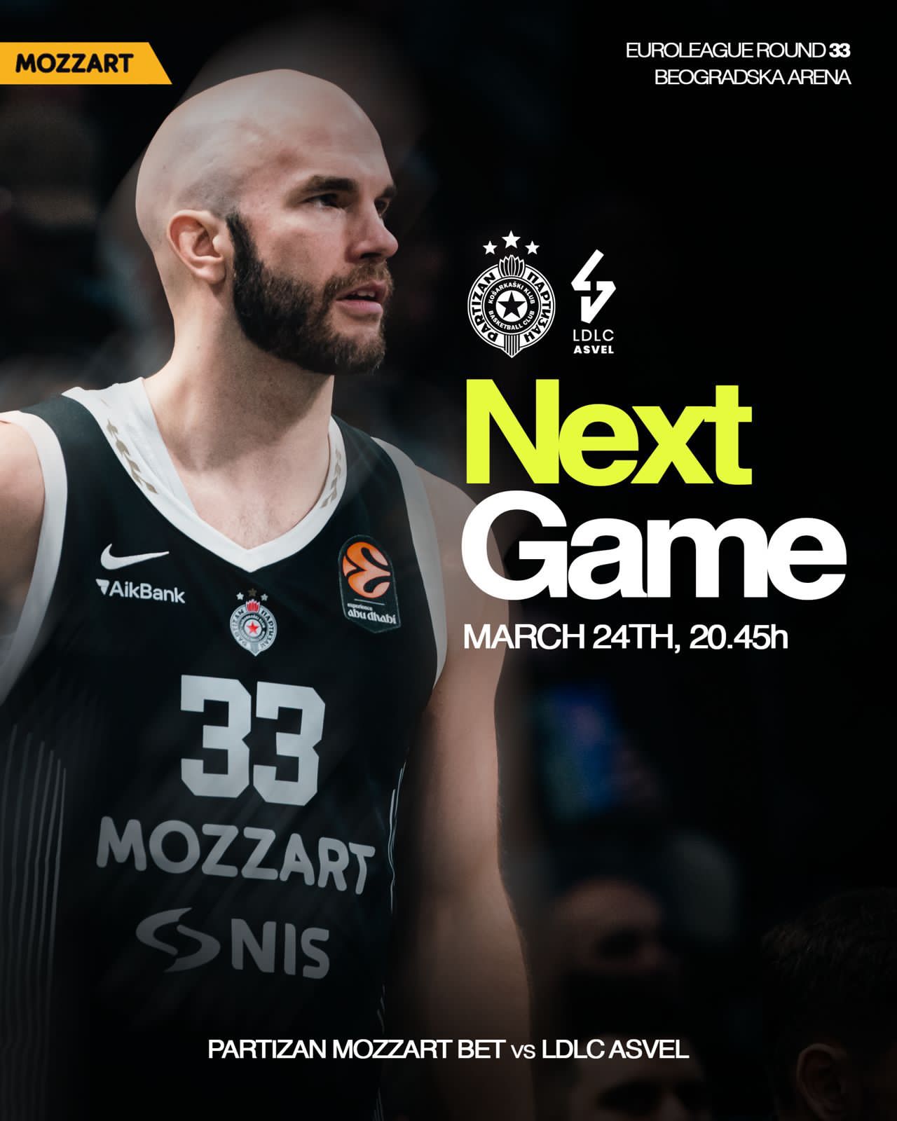 Novo duplo evroligaško kolo za crno-bele: Partizan Mozzart Bet sutra dočekuje ASVEL