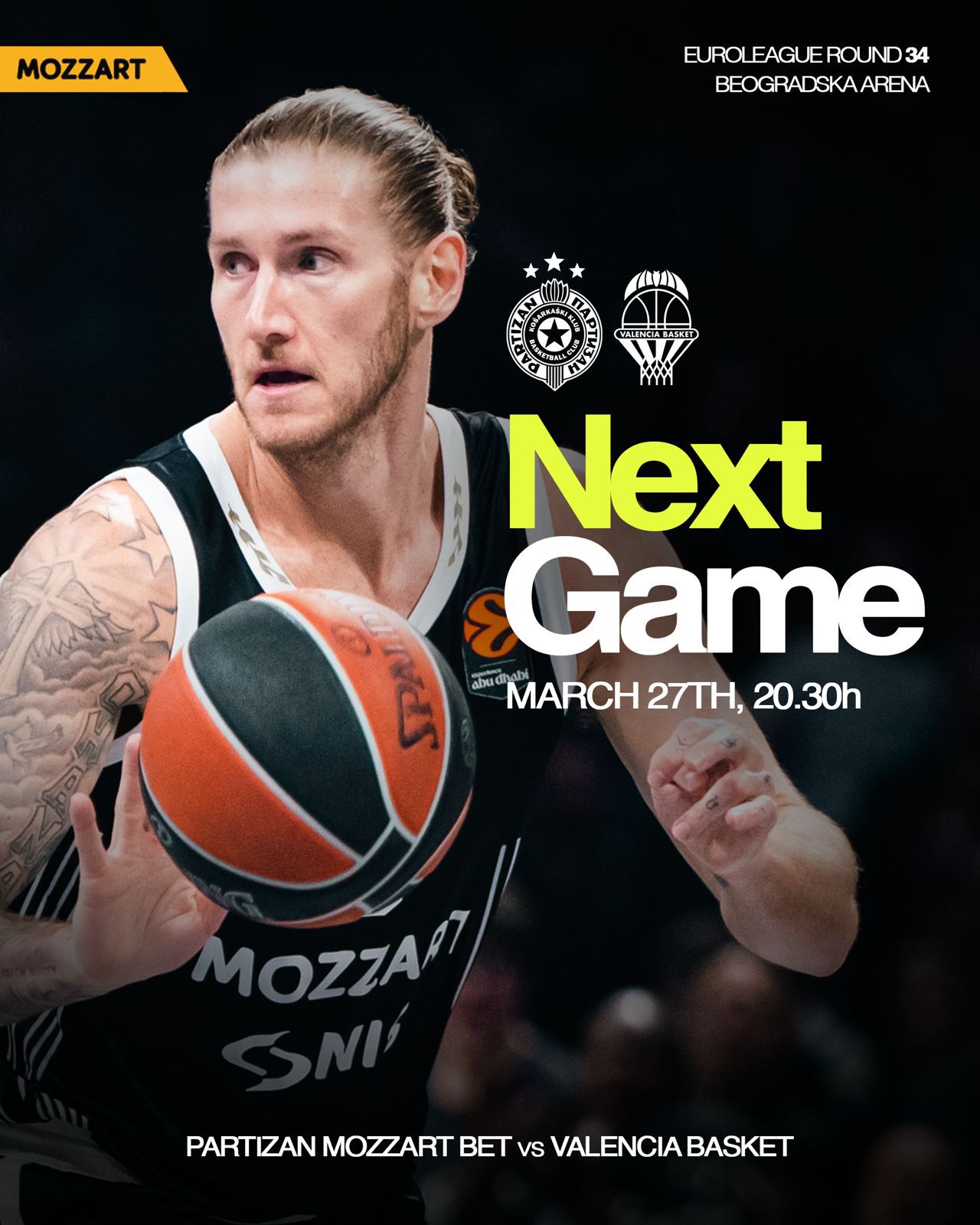 Drugi deo duplog kola Evrolige u Beogradskoj areni: Partizan Mozzart Bet sutra protiv Valensije